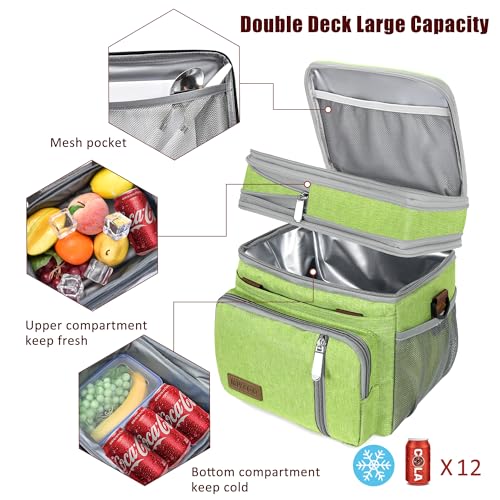 MIYCOO Lunch Bag & Lunch Box for Women Men, Double Deck Leakproof Insulated Soft Large Adult Camping Cooler bag for Work, Beach, Picnic, Travel (Green, 15L) - color: Green
