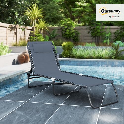 Outsunny Folding Chaise Lounge Chair, Patio Sun Tanning Chair, Outdoor Chaise Lounger with 4-Position Reclining Back, Breathable Mesh Seat for Beach, Poolside, Yard, Gray - color: Grey, size: 1 Pack