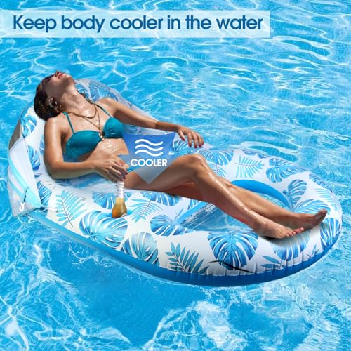 COOLCOOLDEE Pool Lounge Float with Canopy UPF50+,Extra Large Pool Floats for Adults Heavy Duty,Inflatable Lounger Float with Cup Holder & Backrest,Footrest - color: Blue