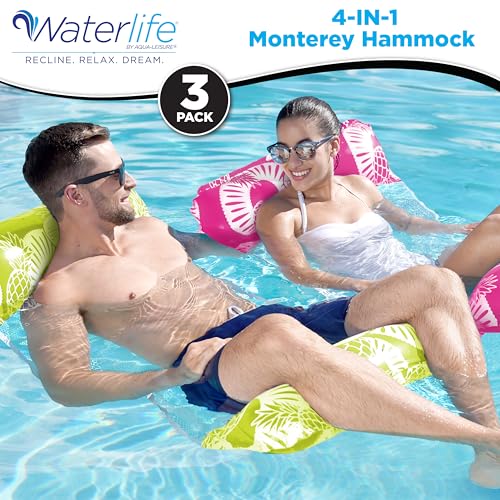 Waterlife 4-in-1 Pool Hammock 2-3-4 Packs, Inflatable Pool Chair Float, Water Hammock (Saddle, Lounge Chair, Hammock, Drifter), Multiple Colors - color: Navy Blue, Green & Pink