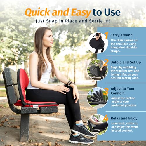 Alpcour Folding Stadium Seat – Deluxe Outdoor Camping Reclining Waterproof Cushion Chair for Bleachers – Best 6-Position Back Support Picnic Bleacher Seats w/Extra Thick Padding for Support & Comfort - color: Red