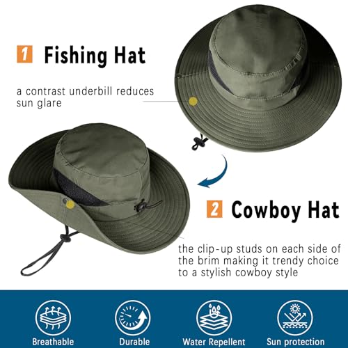 ZOORON Sun Hats for Men Women, Wide Brim Safari Hats UV Protection UPF50+ Waterproof Boonie Hats for Fishing Hiking Camping - color: 2pack-black+army Green