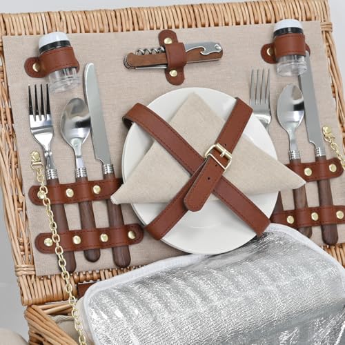 Picnic Basket with Blanket and Wine Pouch for 2, Wicker Picnic Set with Insulated Liner Cooler Bag Hamper for Camping,Wedding - Natural - color: Natural With Blanket for 2
