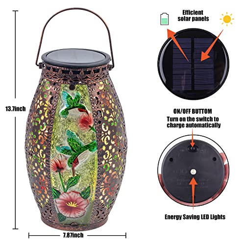 Larekook Hummingbird Solar Lantern Outdoor Waterproof,13" Large Metal Hanging Lantern Decorative,Hummingbird Solar Lights for Yard Lawn Porch Patio Garden Decor,Birthday Gifts for Women Mom - style: 2 Hummingbird