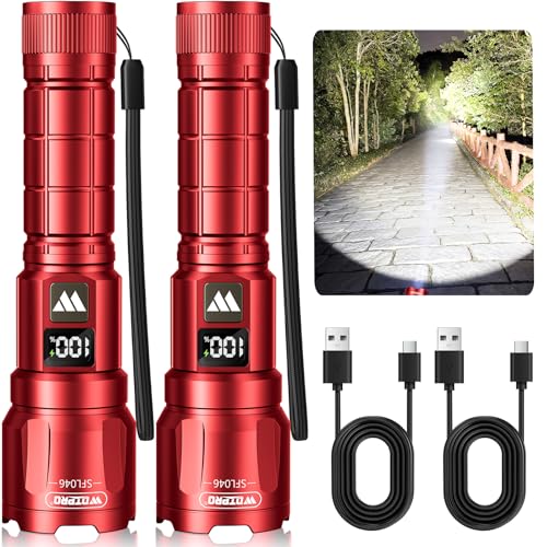 WdtPro LED Rechargeable Flashlight 2 Pack, 3 Modes Super Bright High Lumens Flashlights, Zoomable Tactical Flash Light with LCD Display, IP65 Waterproof Flashlights for Home Emergency Camping - Red - color: Red