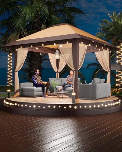 13x13FT Pop-Up Gazebo Canopy Tent - Double Roof, Mosquito Netting, Adjustable Height, UV-Resistant, Heavy Duty, Waterproof, Portable for Patio, Garden, Camping, Party - Khaki + Light Khaki - color: Khaki + Light Khaki