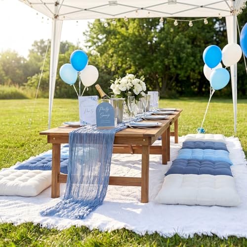 Extra Large Outdoor Picnic Blanket with Table Runner and Floor Pillow Cushion for Picnic Wedding Birthday Baby Shower Backyard(91 x 71'',Blue,White,6-Person) - color: Blue,white