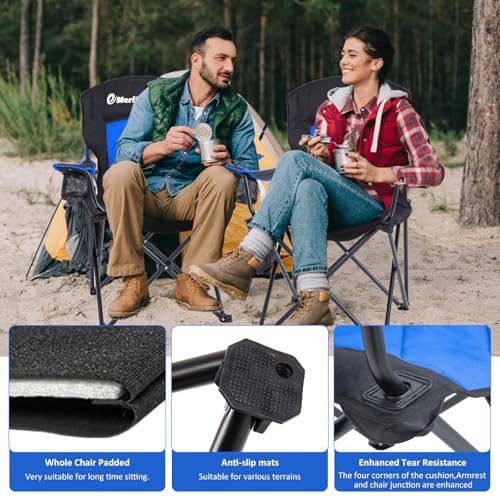EMERIT 2 Pack Oversized Padded Camping Chair, 350LB Heavy Duty Quad Fold Chair with Arms, Collapsible Outdoor Chairs with Lumbar Back & Cup Holder - color: Blue（twin Pack)