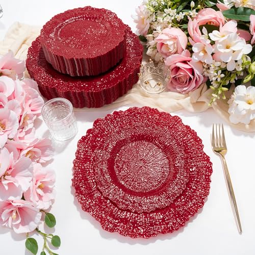 DaYammi 60Pcs Red Plastic Plates - Red Pates Disposable & Reusable - Heavy Duty Plastic Plates for Party Including 30 Dinner Plate,30 Dessert Plate,red disposable plates for Parties Wedding - color: Red