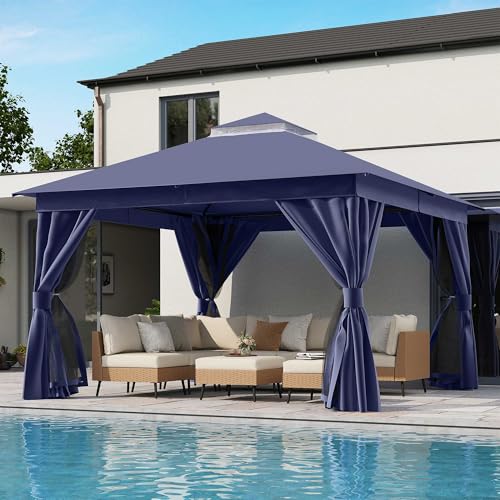 LAUSAINT HOME 12'x12' Outdoor Gazebo, Metal Frame Heavy Duty Patio Canopy Tent Shelter with Double Roofs, Mosquito Nettings and Privacy Screens for Backyard, Garden, Lawn, Navy Blue - color: Navy Blue, size: 12'x12'