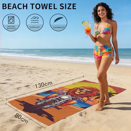 Lion Beach Towel, Funny Lion Riding A Motorcycle Towel for Boys Kids Adults, Quick Dry Microfiber Animal Palm Tree Orange Sunset Towels for Swim Pool Bathroom Travel, Oversized 32x52 - color: Lion