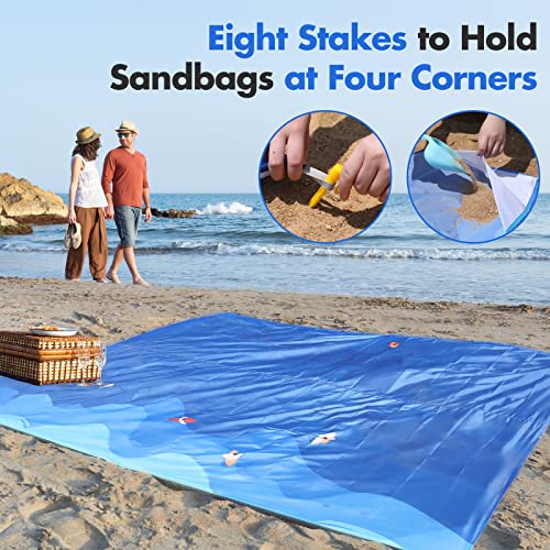 VILLEY Extra Large Waterproof Sandproof Beach Mat 128"x108", Oversized Blanket with 8 Stakes & 4 Corner Pockets, Outdoor Accessories for Travel, Camping - color: Blue Wave