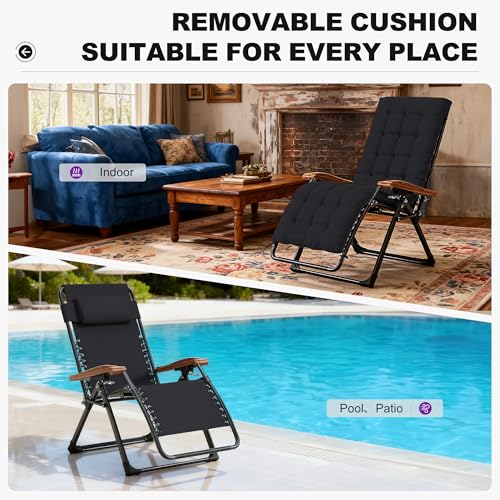 PURPLE LEAF Oversized Outdoor Reclining Chair Patio Zero Gravity Chaise Lounge Folding Chair with Removable Cushion Adjustable Headrest for Lawn Camping Beach Pool Black - color: Black - 1 Chair, size: Oversized – Thick Cushion