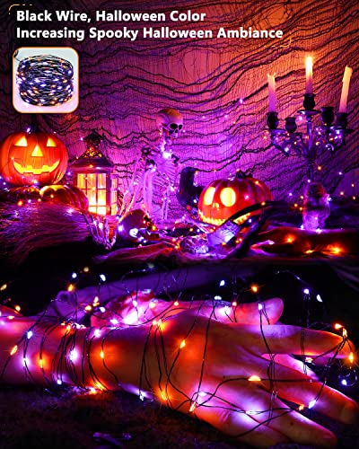 Brizled Orange & Purple Halloween Lights, 2 Pack Total 78FT 240 LED Solar Halloween Fairy Lights, 8 Modes Outdoor Orange Fairy Light, Purple Twinkle Light String Black Wire Outside Spooky Decorations - color: Purple & Orange