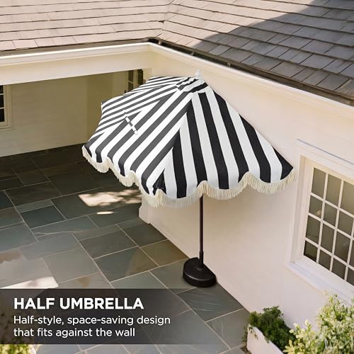 JONATHAN Y Half Umbrella UMB1201H Beverly 9 ft. Designer Classic Scalloped Fringe Market Patio with Crank, Tilt Button and UV Protection in Black/White, White Pole - color: Black/White - White Pole
