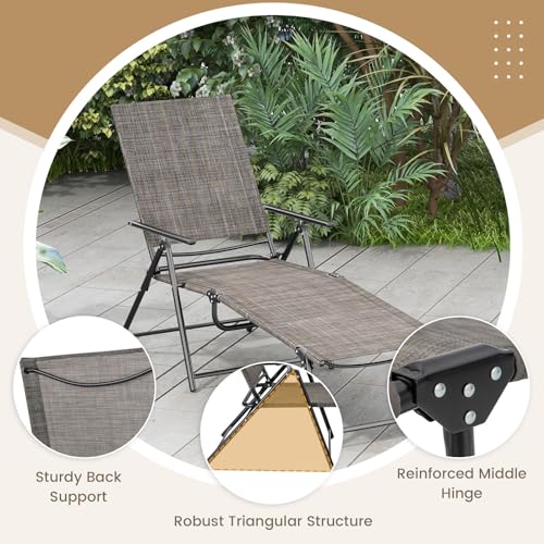 Giantex Lounge Chair Outdoor Set of 2 - Tanning Chair with 6 Adjustable Backrest, 2-Level Footrest, Folding Sunbathing Lounger for Patio, Poolside, Yard, Chaise Lounge Chair, Beach Chair (Brown) - color: Brown