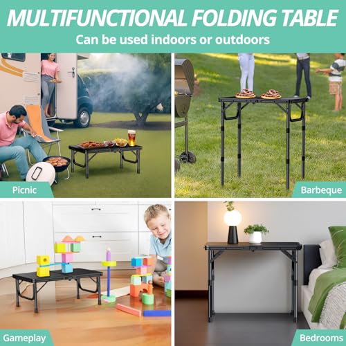 VINTEAM Camping Folding Table with Adjustable Height, Lightweight Portable Outdoor Picnic Table, BBQ Grill Side Table, Durable Aluminum Frame, MDF Desktop for Camping, Fishing, RV, Beach (Black) - style: 2-Fold MDF Tabletop