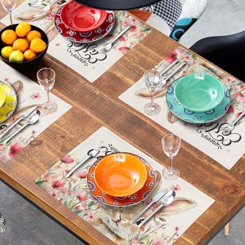 Happy Easter Placemats Set of 4, 12x18 Inch Spring Pink Flowers Bunny Place Mat Heat Resistant Washable Durable Rectangle Dining Table Mats Farmhouse Kitchen Holiday Party Decor - color: Easter Bunny