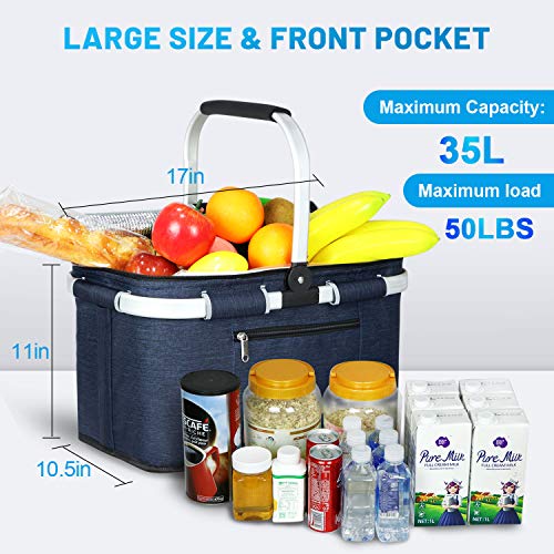 LIQING 35L Large Picnic Basket 2 Layers of Internal Pockets Leak-Proof and Insulated ，Folding with Internal Support for enhansed Stability, Wedding Gifts for Couple(Navy Blue) - color: Navy Blue