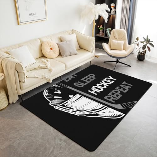 Hockey Area Rug 5x7 for Kids Boys Teens,Black Grey Eat Sleep Hockey Indoor Floor Mat Non Slip,Ice Hockey Player Carpet Bedroom Decor,Graffiti Winter Sports Game Area Runner Rug - color: Color 20, size: 4'11" x 6'6" (Rectangular)