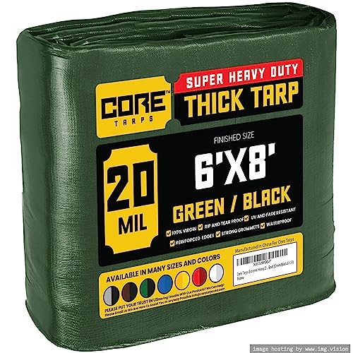 Core Tarps Extreme Heavy Duty 20 Mil Tarp Cover, Waterproof, UV Resistant, Rip and Tear Proof, Poly Tarpaulin with Reinforced Edges for Roof, Patio, Pool, Boat (Green/Black 6′ X 8′) - color: Green/Black-20 Mil, size: 6′ X 8′