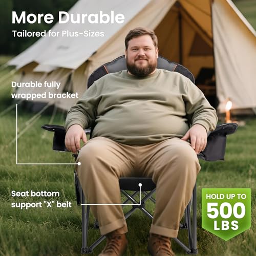 Folding Camping Chairs for Adults - High Back Padded Outdoor Lawn Chairs with Lumbar Support & Cup Holder, Black & Gray,2PCS XL - color: Black & Gray, size: 2 PCS-23.6"