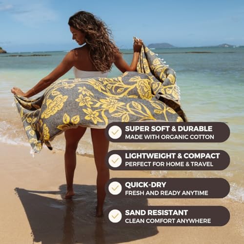 FESHKA Sand Proof Turkish Beach Towel – Oversized, Quick Dry & Lightweight Travel Towel - 100% Organic Cotton Beach Blanket - Perfect for Bath, Pool & Picnic | Gardenia (Yellow/Black) - color: 34 - Yellow/Black