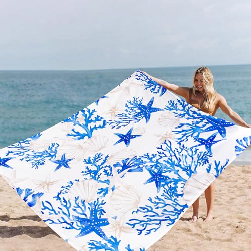 Beach Blanket Waterproof Sandproof, 110''×118'' Extra Large Blue Beach Mat for 1-8 Adults, Lightweight & Compact Sand Free Outdoor Beach Essentials for Picnic, Camping, Travel - color: Blue Starfish, size: 9x10 FT (1～8 person)