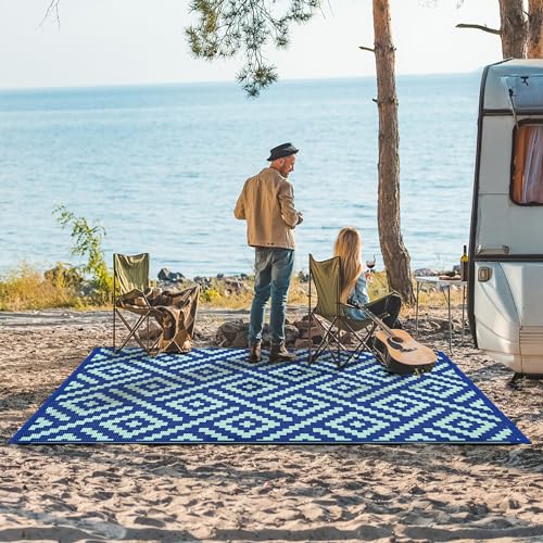 GENIMO Outdoor Rug for Patio Clearance, 6'x9' Waterproof Camping Mat, Reversible Plastic Straw Rugs for RV, Camper, Balcony, Backyard, Picnic, Deck (Royal Blue & Blue Green) - color: Royalblue&bluegreen, size: 6' x 9' (Rectangular)