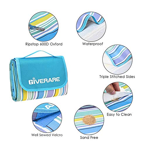GIVERARE Picnic Beach Blanket, XL Sandfree Waterproof Outdoor Camping Blanket, Quick Drying Oxford Family Mat, Portable Extra Large Picnic Mat for Travel, Hiking, Music Festival, Lawn - color: Blue