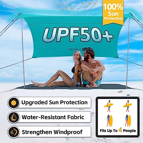 EasierHike Beach Shade Tent, 7 × 7.15 Ft Portable Easy Pop Up Beach Canopy, UPF50+ Sun Protection Shelter, Windproof & Water Resistant, Stable with 4 Sandbags & Windproof Cords, Perfect for Family - color: Turquoise, size: 7x7.15 FT 2 Poles
