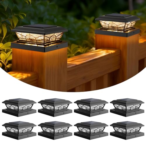 Brightever 4x4 3.5x3.5 Solar Post Cap Lights, 8-Pack Solar Powered Fence Post Light Outdoor Waterproof for Vinyl/Wooden Post, 2 Modes(Warm/Cool Light), Black Solar Deck Post Lights for Patio, Porch - color: Black, size: 8 Pack