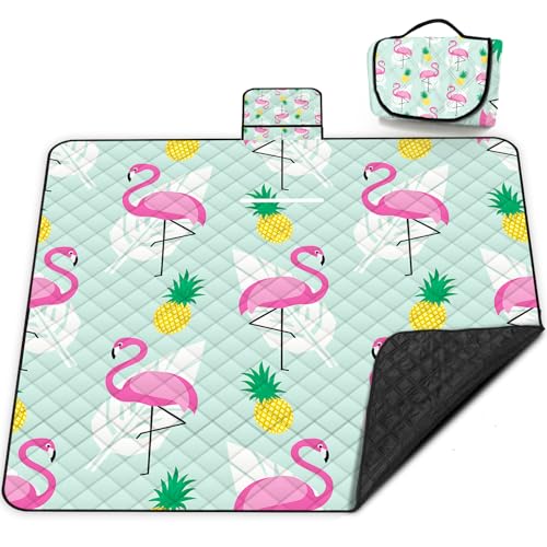 Extra Large Picnic Blanket Waterproof,80"x 80"Foldable Machine Washable Beach Blankets,Outdoor Blanket for 6-8 Adults,Picnic Mat Suitable for Indoor Crawling,Park Beach,Camping,Hiking,Travel（Flamingo） - color: Green Flamingo, size: 6'8" x 6'8" (Square)