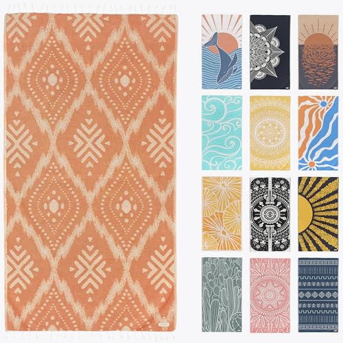 FESHKA Sand Proof Turkish Beach Towel – Oversized, Quick Dry & Lightweight Travel Towel - 100% Organic Cotton Beach Blanket - Perfect for Bath, Pool & Picnic | Damask (Rust/Beige) - color: 14 - Rust/Beige