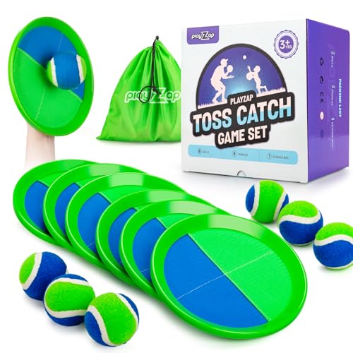 PlayZap Toss and Catch Ball Set - Outdoor Toys for Family Games - Outside Yard Pool Beach Toys for 3 4 5 6 7 8+ Years Old Boys Girls - Classic Birthday Gift for Kids Youth Adults - color: Green 6 Paddles 6 Balls