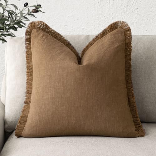 Foindtower Decorative Linen Fringe Throw Pillow Covers Cozy Boho Farmhouse Cushion Cover with Tassels Soft Accent Pillowcase for Chair Sofa Bed Living Room Home Decor, 16×16 Inch, 1PC,Orange Brown - color: Hazel, size: 16" x 16" (Pack of 1)