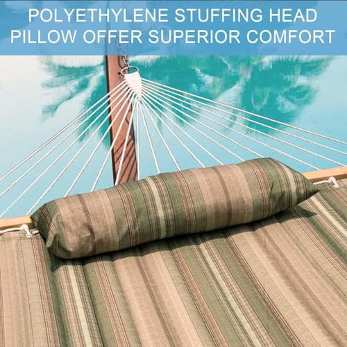 Lazy Daze 12 FT Quilted Fabric Double Hammock with Spreader Bars and Detachable Pillow, 2 Person Hammock for Outdoor Patio Backyard Poolside, 450 LBS Weight Capacity, Mixed Green & Brown Stripe - color: Green & Brown Stripe