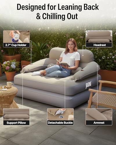 JEASONG Blow Up Couch Air Mattress Queen with Built in Pump, 2-in-1 Air Sofa & Inflatable Mattress, AirBed Blow Up Mattress with Headboard & Cupholder, Inflatable Couch for Camping, Movie Night, Guest