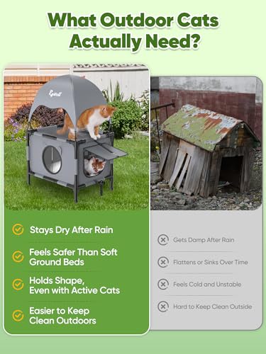 Rywell Outdoor Cat House Elevated 2-Tier Outdoor Cat Shelter with Canopy, Multi-Level Raised Platform, Outside Cat House with Breathable Mesh & Reversible Pad for Multiple Cats