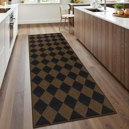 Rugalia Easy Jute Checkered Runner Rug, 2.6x8 Coffee Modern Washable Rugs Runner for Hallway Non-Slip Kitchen Runner Rug, Geometric Diamond Indoor Outdoor Carpet for Porch Laundry Entryway - color: Coffee Checkered, size: 2.6' x 8' (Runner)
