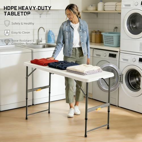 4FT Heavy Duty Folding Table, Fold-in-Half Portable Plastic Utility Table with Carry Handle & Adjustable Height Locking Legs, Indoor Outdoor Table for Watch Party, BBQ, Picnic, Camping, Events, Dining - color: White, size: 4FT