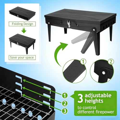 Portable Charcoal BBQ Grill Kit, Foldable Camping Mini Grill for Outdoor Cooking, Compact Design Barbecue Accessories with Barbecue Tools, Perfect for Beach, Backyard, Picnics (Mini Grill)