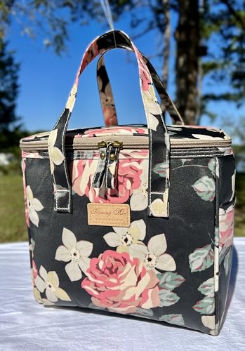 Kwang Min Floral Insulated Lunch Bag for Women,Reusable Lunch Box,Large Cooler for Office,Picnic Outdoors,Premium Waterproof Fabric,Ideal Floral Lunch Bag (Begonia Navy) - color: Begonia Navy