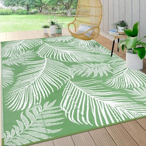 Pauwer Waterproof Outdoor Rug 6x9, Reversible Plastic Straw Patio Camping Rug, Indoor Outdoor RV Mat Carpet for Deck, Camper, Porch, Balcony, Backyard, Picnic, Leaf Green - color: Leaf Green, size: 6' x 9' (Rectangular)