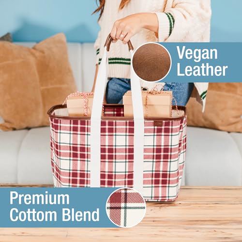 CleverMade Collapsible LUXE Tote, 30L Foldable Grocery Shopping Bag, Reusable - color: Red Checker