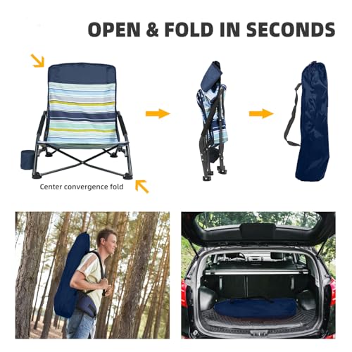 Portable Folding Beach Chair for Adults - Lightweight Low Back Sling Chair with Storage Pocket, 300lbs Capacity Camping Chair for Outdoor, Lawn, Concert, Travel (Orange-Colour Striped) - color: Orange-colour Striped, size: 1 pcs