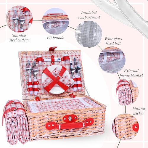 Picnic Basket Set for 4 with Waterproof Blanket Mat Insulation Bag Wicker Floral Pink Red Love Plaid Cute Kawaii Gift for Wedding Birthday Summer Camp Outdoor Camping Beach Travel Christmas - color: Red Heart