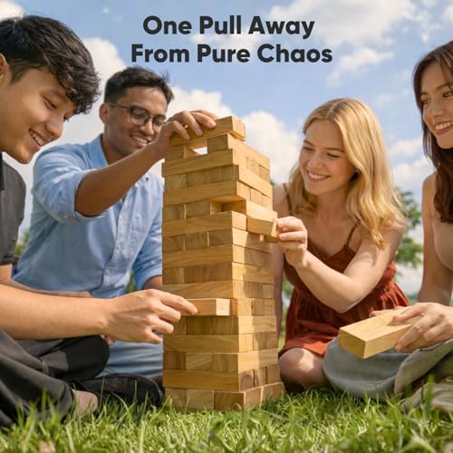 Giant Stacking Tower Game Over 5 FT - Premium Wooden Blocks Stacking Tower Game for Family Party, BBQ & Lawn Games - Natural