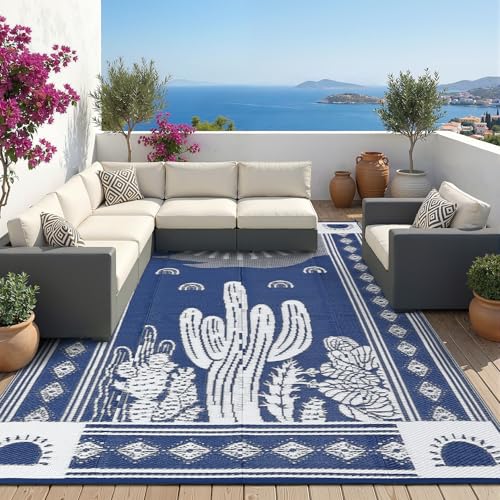 Garvee Reversible Cactus Outdoor Rug 8x10 for Patio, Waterproof Outdoor Area Rug, Modern Desert Botanical Indoor Outdoor Rugs, Plastic Straw Rug for RV, Camping, Deck, Navy Blue & Beige - color: Navy & White-cactus, size: 8' x 10' (Rectangular)