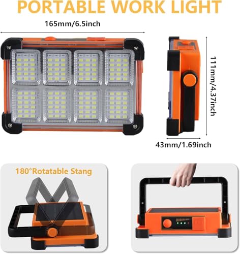 120W Solar Rechargeable Work Light, 144 LED 10000LM Portable Flood Light with Stand, IP66 Waterproof 4 Modes LED Job Site for Mechanic Camping Fishing Car Repair (Orange 1 Pack) - style: Orange 1 Pack